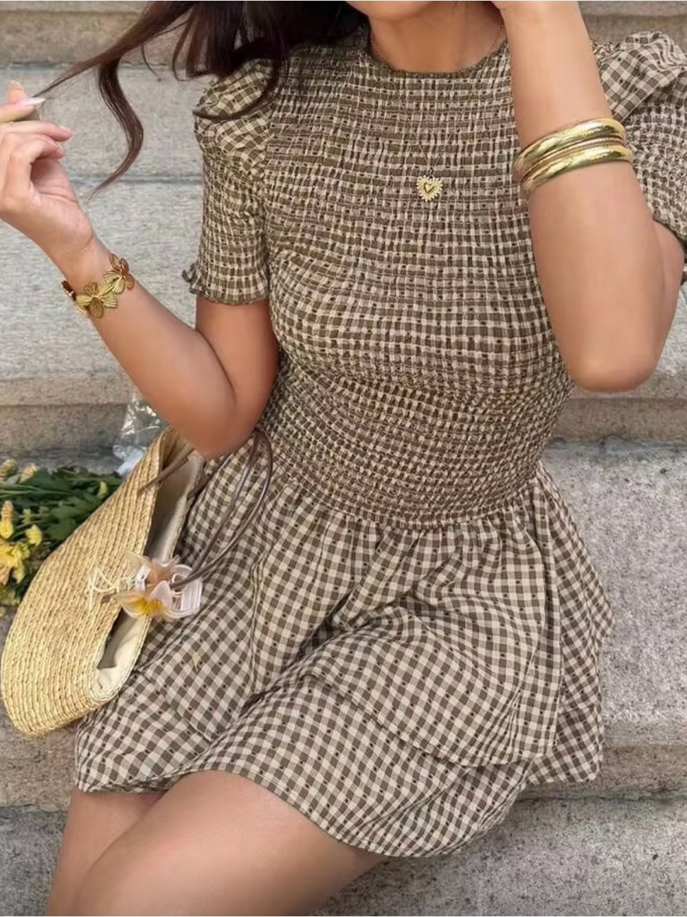 Brown Gingham Short Sleeve Smocked Waist Dress - Picture 3 of 3